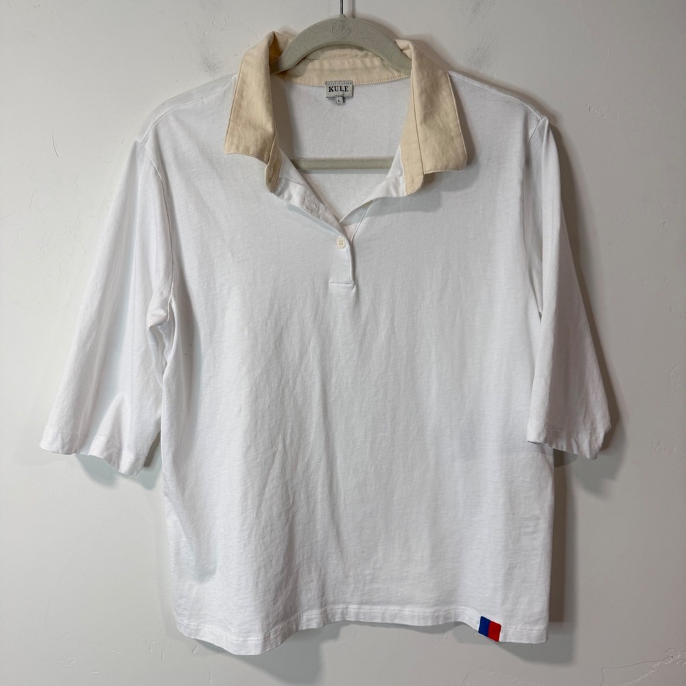 KULE Womens Rugby White Polo Shirt Large White Organic Cotton Elbow Sleeve